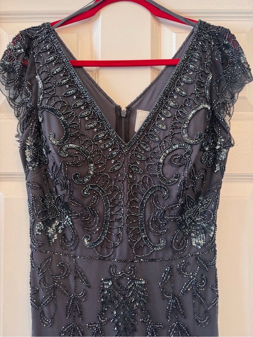 Adrianna Papell Beaded V-Neck Midi Dress in Charcoal